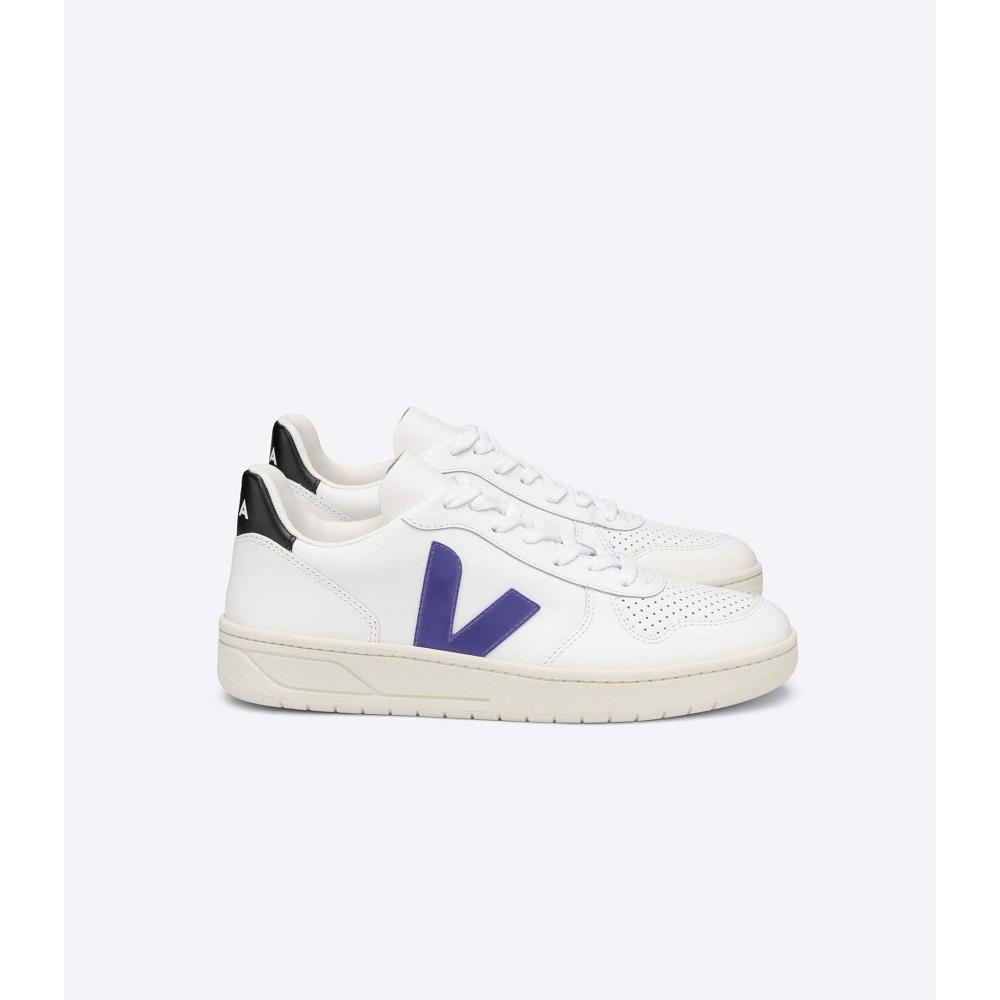 Men\'s Veja V-10 LEATHER Sneakers White/Purple/Black | SG 328VRW